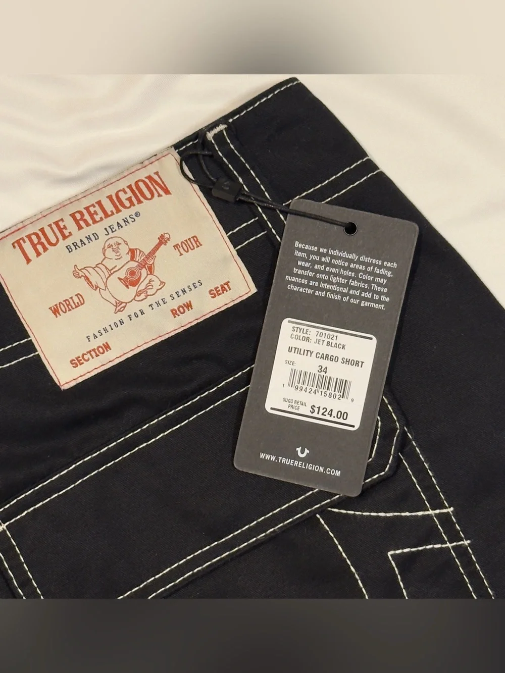 True Religion Black Cargo Shorts with White Contrast Stitching